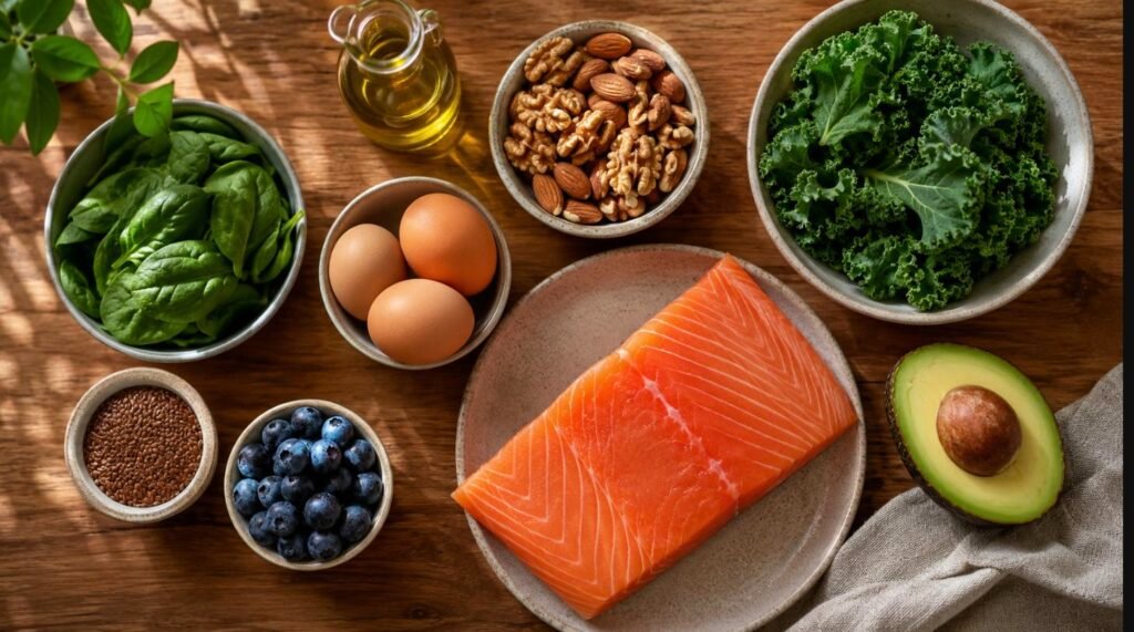 Mesa con alimentos frescos recomendados en la dieta para la tiroiditis de Hashimoto: espinacas, kale, salmón, huevos y frutos secos - Vitali365